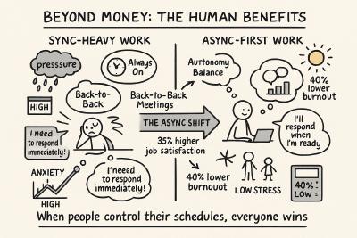 A hand-drawn illustration showing two side-by-side scenarios depicting the human experience of work: