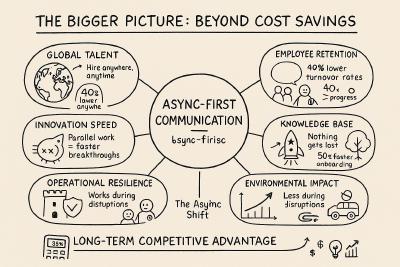 A hand-drawn ecosystem diagram showing how async communication creates compounding benefits beyond direct savings: