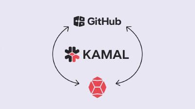 GitHub and Kamal Icons: A simple, clean image with GitHub, Kamal, and Ruby logos connected in some way, perhaps with gears or arrows, to symbolize the integration of these technologies in an automated workflow