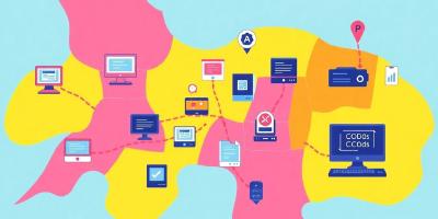 Illustrated map with programming company icons and tech symbols.