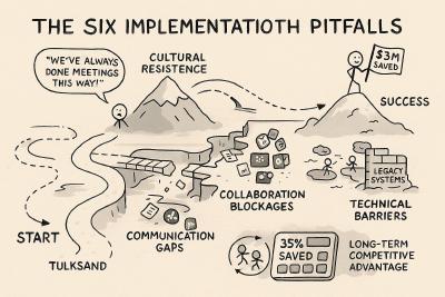 A hand-drawn journey map showing a path from Start to Success with six obstacles
