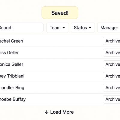 Example list of employees page with table, filters, search