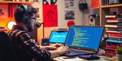 Developer coding on laptop in a creative workspace.