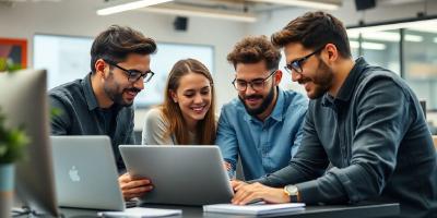Diverse team of developers collaborating in a modern workspace.