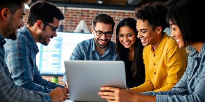 Diverse team collaborating on software development in a modern office.