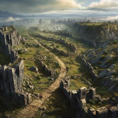 The Dwarf Kings Causeway is an old road that was once used to link the 4 dwarf city-states. It used to lead to the High Marches, where one of the four dwarf city-states fell during the war. This city acted as a buffer between the lands of the Empire and the elves before the elves submitted to the imperial rule and became a protectorate. As the city-state fell, there was very little dwarf presence today and little imperial troop presence. Dnd old road style