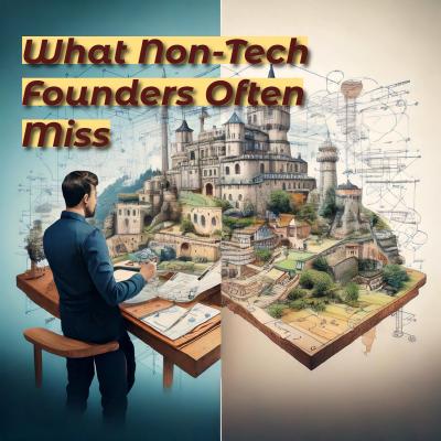 A clean, minimalist illustration showing a split-screen composition. On the left side, theres a founder sketching a grand castle in the air with broad, confident strokes. On the right side, theres a more detailed technical blueprint with specific measurements, notes, and architectural elements. Between them, theres a bridge being built from both sides, symbolizing the need to connect vision with practical implementation.